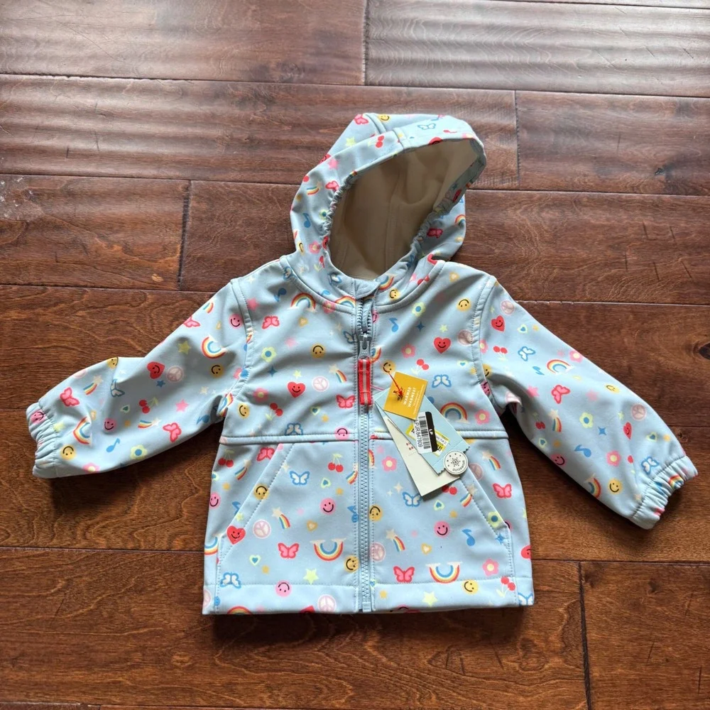 Cat & Jack Baby Girls 12M Rainbow Smiley Softshell Jacket Light Blue NWT
